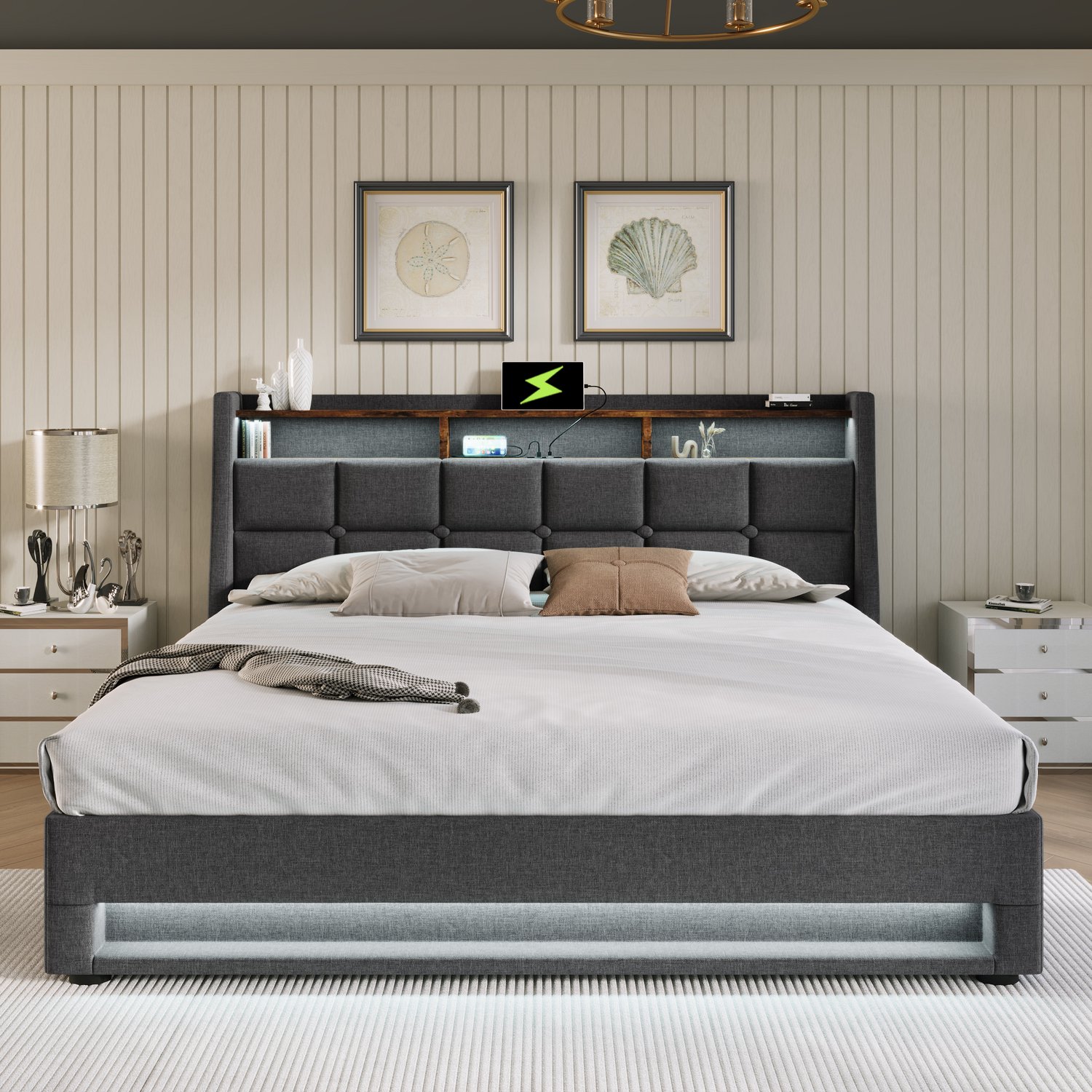 Gestoffeerd Bed 140x200 Met LED - USB-Aansluiting, Opbergruimte En Lattenbodem - Grijs Linnen Bedframe Met Hoofdbord
