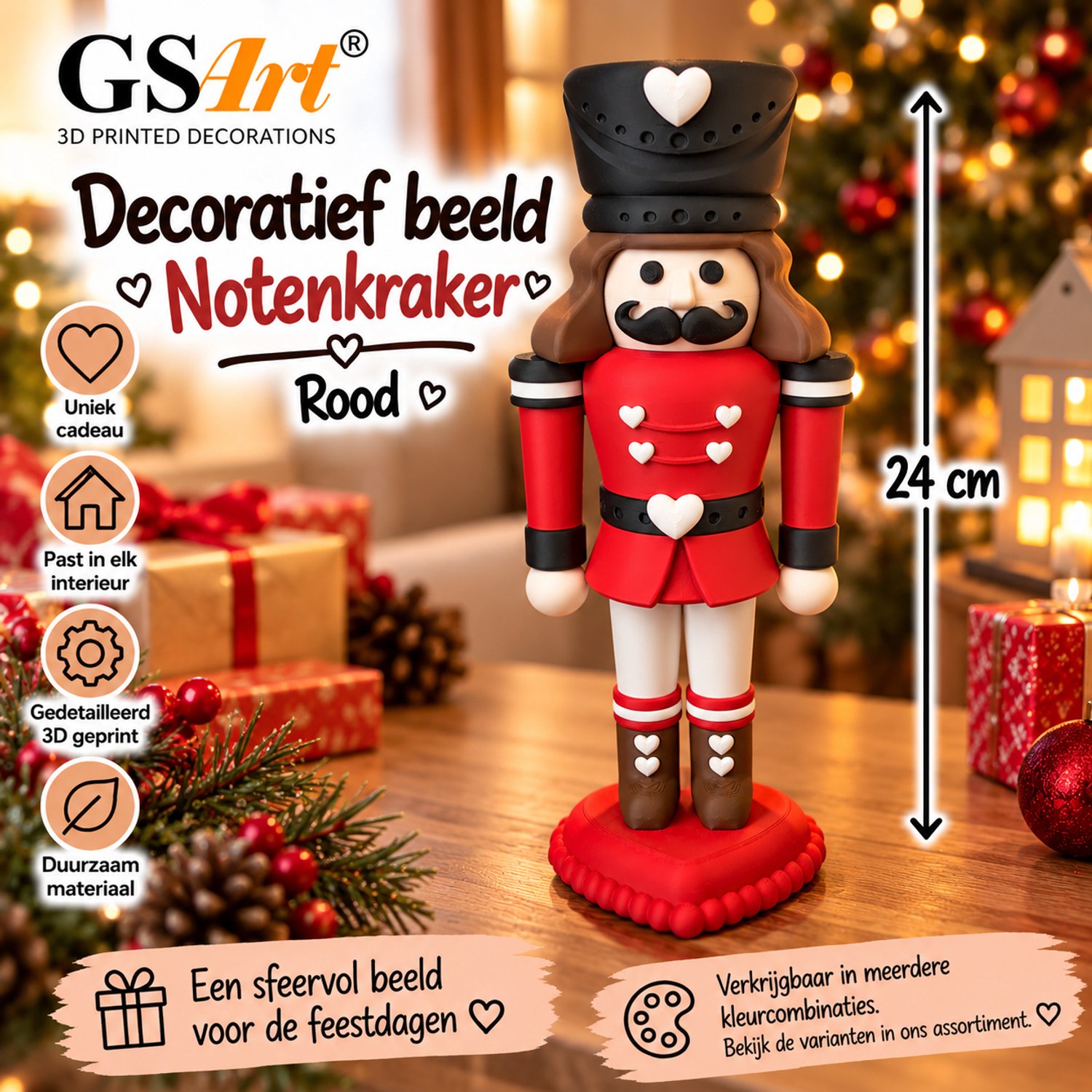 GSArt Decoratief Beeld Notenkraker Rood 24 cm – Kerstdecoratie – 3D Geprint