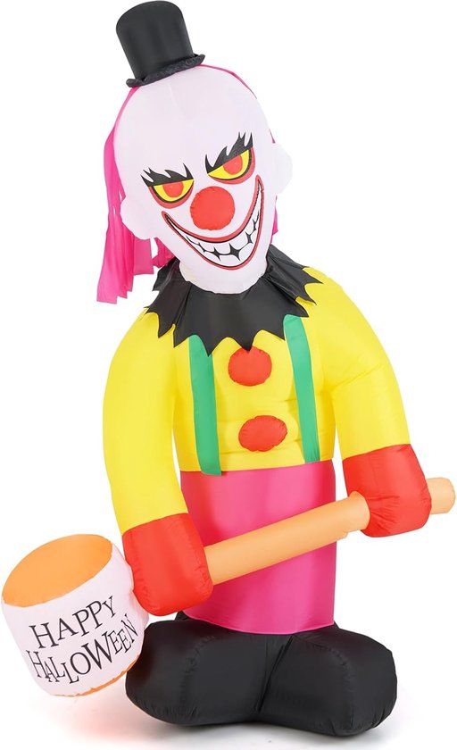 Opblaasbare Halloween-clown met roze haar, hoge hoed en hamer met opschrift Happy Halloween op een witte achtergrond.