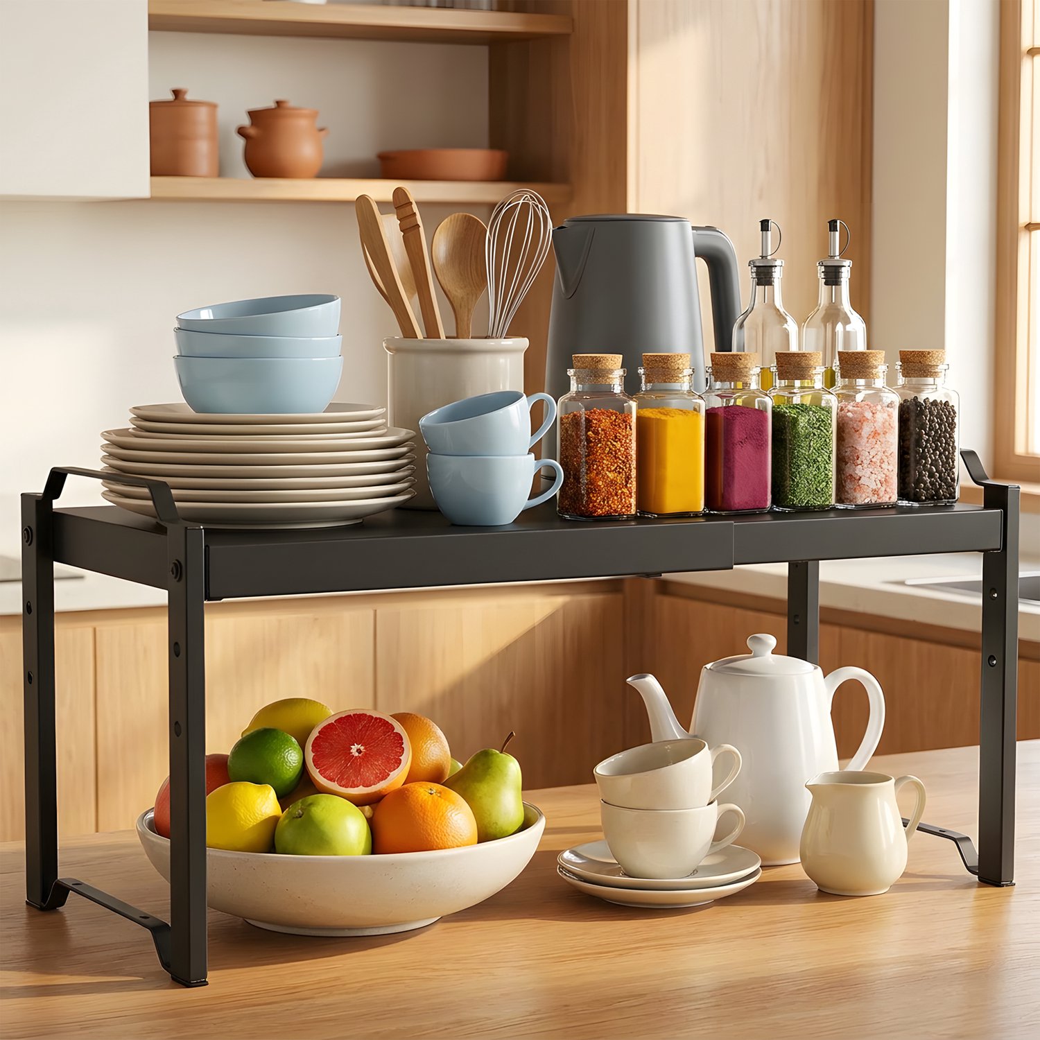 Keuken Organizers - Uitschuifbaar keukenrek - keukenkastorganizer - 33-53 x 21 x 22 cm - Pannenrekken - Gootsteenkast organizer - Opbergrek - Kruidenrek - Kast Organizer - 3 hoogtestanden - koolstofstaal - voor aanrecht, servies en kruiden - zwart
