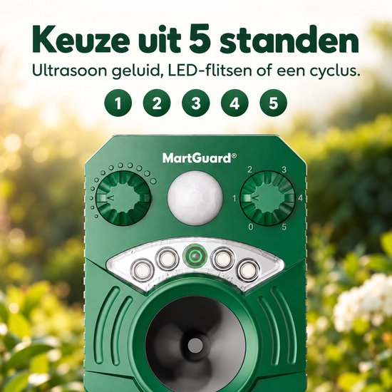 MartGuard verjager met 5 instelbare standen voor ultrasoon geluid en LED-flitsen.