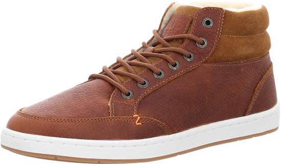 Bruine Hub herenlaarzen, zijaanzicht, met suède kraag, veters, witte zool en oranje Z-stiksel detail.