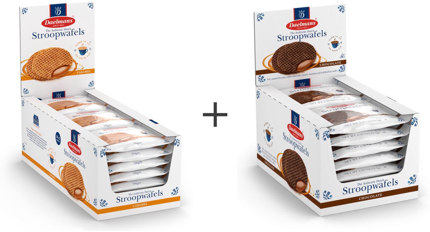 Daelmans Stroopwafels Bundel 2 Smaken - 36 Jumbo Karamel en 24 Jumbo Chocolade Stroopwafels, Duo Verpakt, Traditioneel Hollands Recept