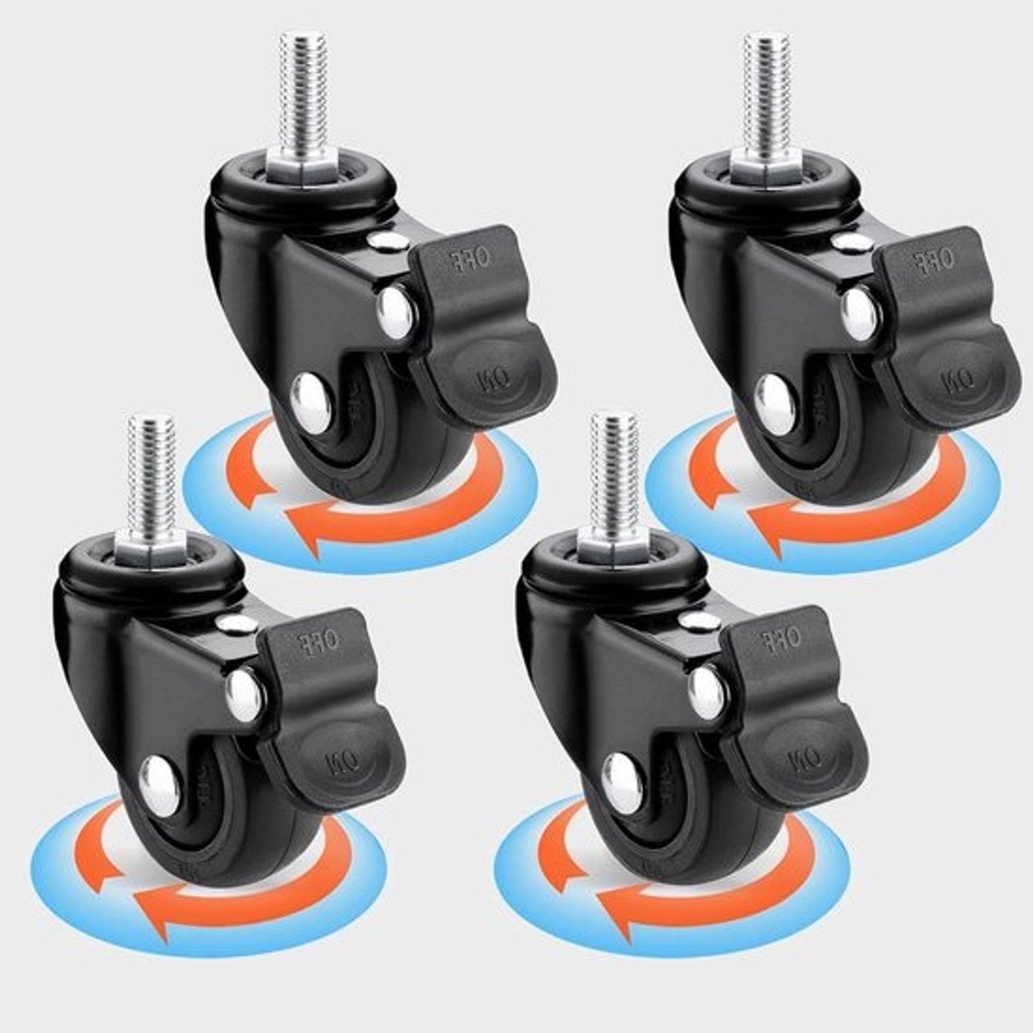 Meubelwielen - Zwenkwielen met rem - Meubels verplaatsen - Stille rubberen loop - M8-schroefdraad - Zwart