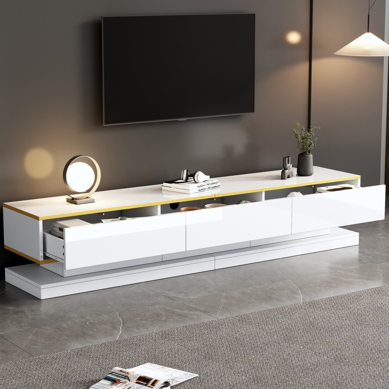 Hoogglans tv-meubel 200 x 40 x 40 cm-3 laden-open vakken-40 kg draagvermogen – voor 80 inch televisie – warmwit met gouden rand voor de woonkamer