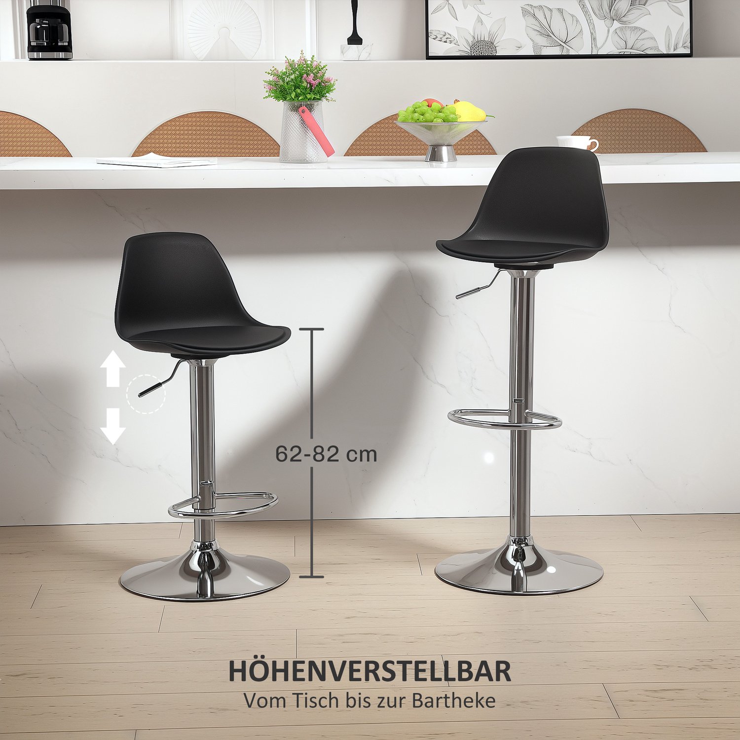 Homona Barkrukken - Set van 2 - In hoogte verstelbaar en draaibaar - Met rugleuning en voetensteun - 41 x 42 x 82-104 cm - Zwart
