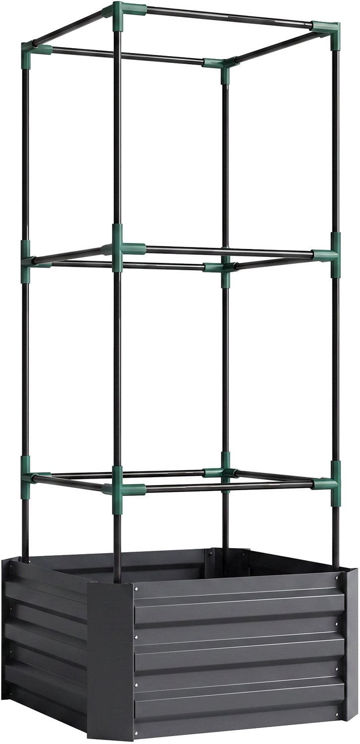 Sunona Verhoogde moestuinbak met rankrooster - In hoogte verstelbaar - 61 x 61 x 140 cm - Donkergrijs