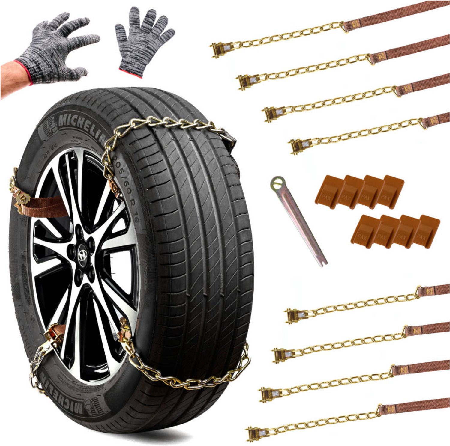 MOZY® - Sneeuwketting - Set van 8 - Voor Autobanden van 16,5 tot 26,5 cm – Inclusief Handschoenen, Steeksleutel en Opbergtas - Metaal