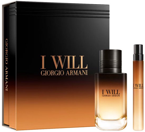 Armani I Will geschenkset met parfumfles van 60ml en reisverstuiver, in zwart-naar-amber kleurverloop.