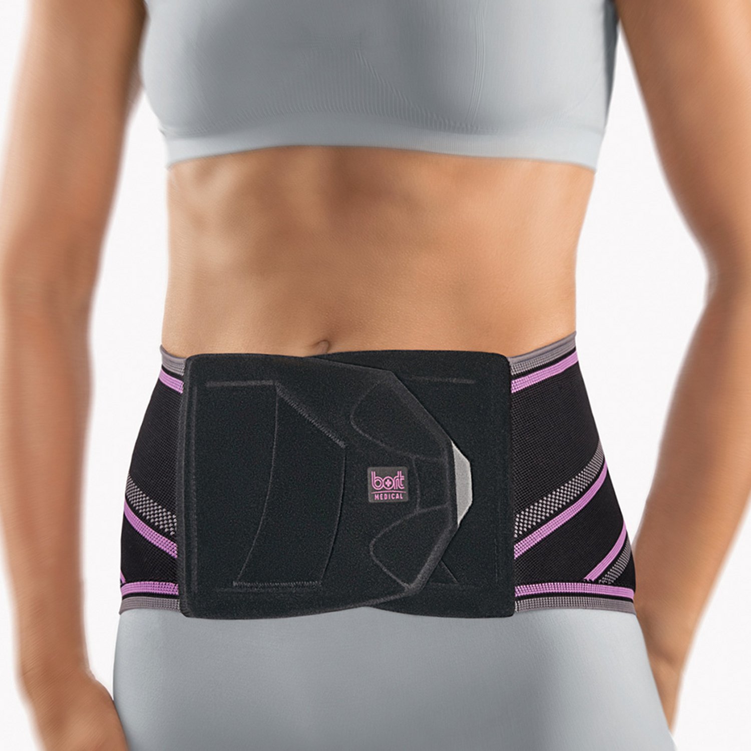 BORT Stabilo Basic Lady Rugbandage met Pelotte – Onderrug – Getailleerd Damesmodel – Zwart/Paars – Maat 1