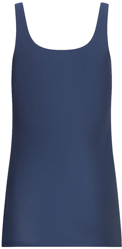 Effen donkerblauw mouwloos hemd met een aansluitende pasvorm en ronde hals.