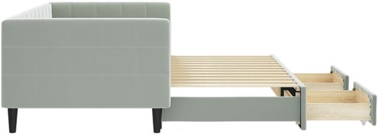 Lichtgrijs slaapbankframe met houten lattenbodem en twee uitgeschoven lades, zij-aanzicht.