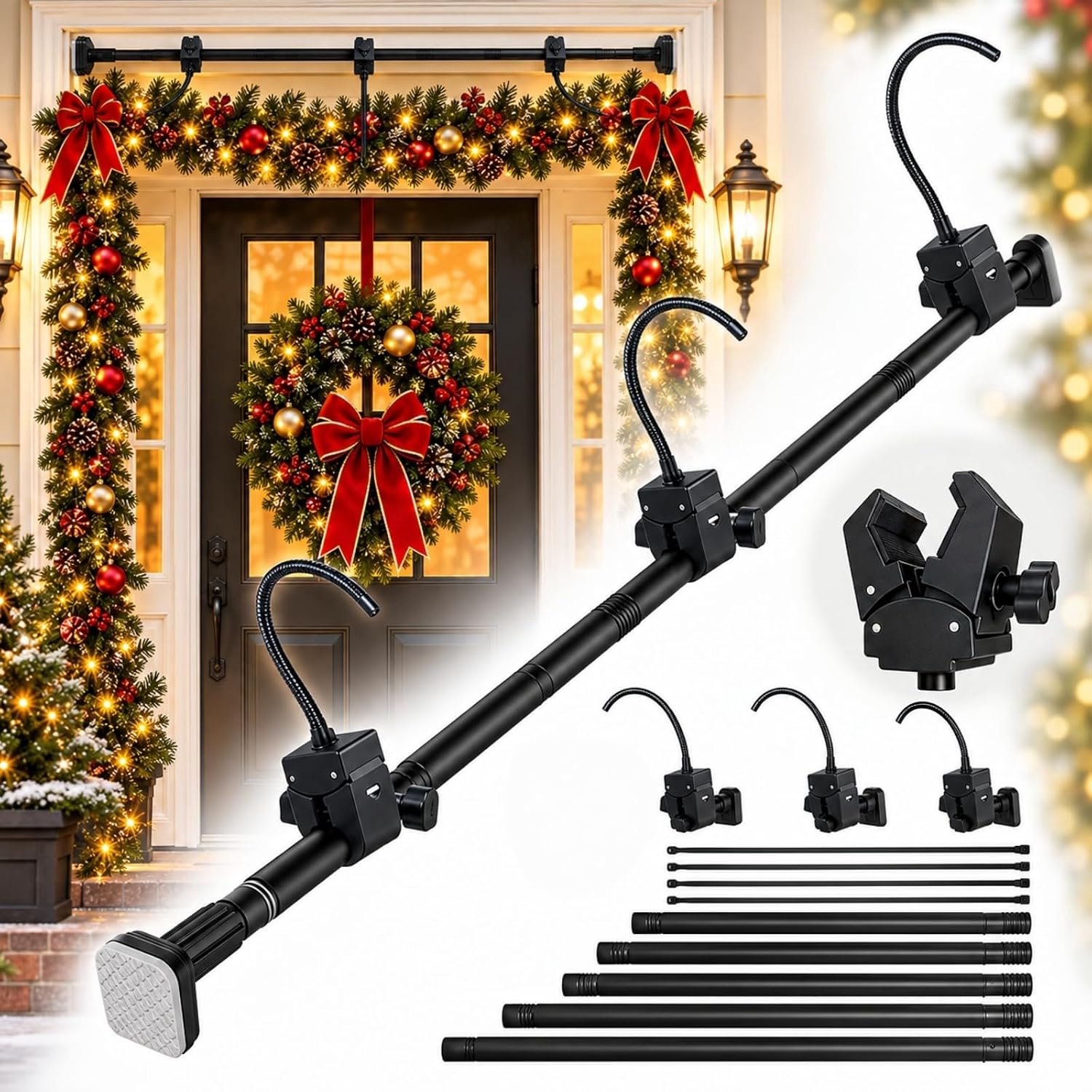 Kranshanger - Kerstkrans deurhaak - Adjustable Garland Hanger for Front Door - 80-170cm - Metalen Feestdecoratie Houder voor Kerstkrans en Halloween - Geen Schroeven of Boren Nodig