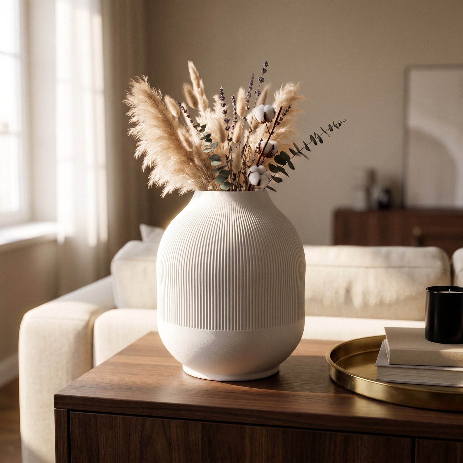 AUREA - Maison AUREA Geribbelde Vaas Wit – Bloemenvaas voor Droogbloemen – Mat wit Design – 21,5 cm