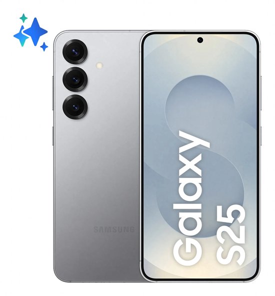 Zilveren Samsung Galaxy S25 smartphone met drie camera's aan de achterkant en een scherm met tekst Galaxy S25.