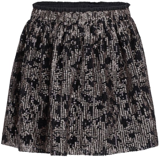 Zwarte, wijd uitlopende rok met pailletten in een goudkleurig stippenpatroon en elastische tailleband.