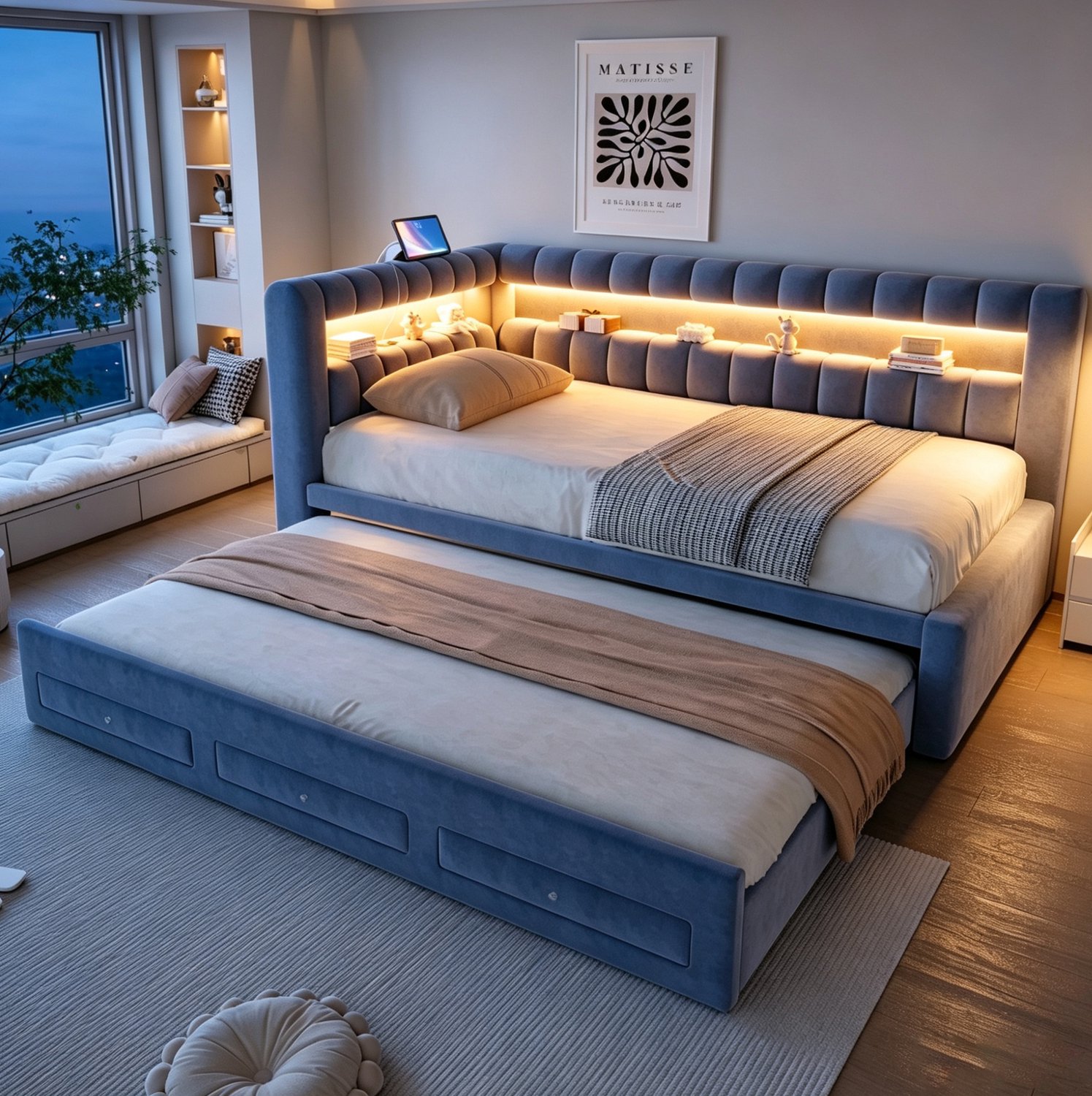 MIVRAY Slaapbank 90x190 cm - Uitklapbed Met LED Verlichting, USB En Type C - Opberglades - Woonkamer En Logeerkamer - Velours - Grijs - Zonder Matras