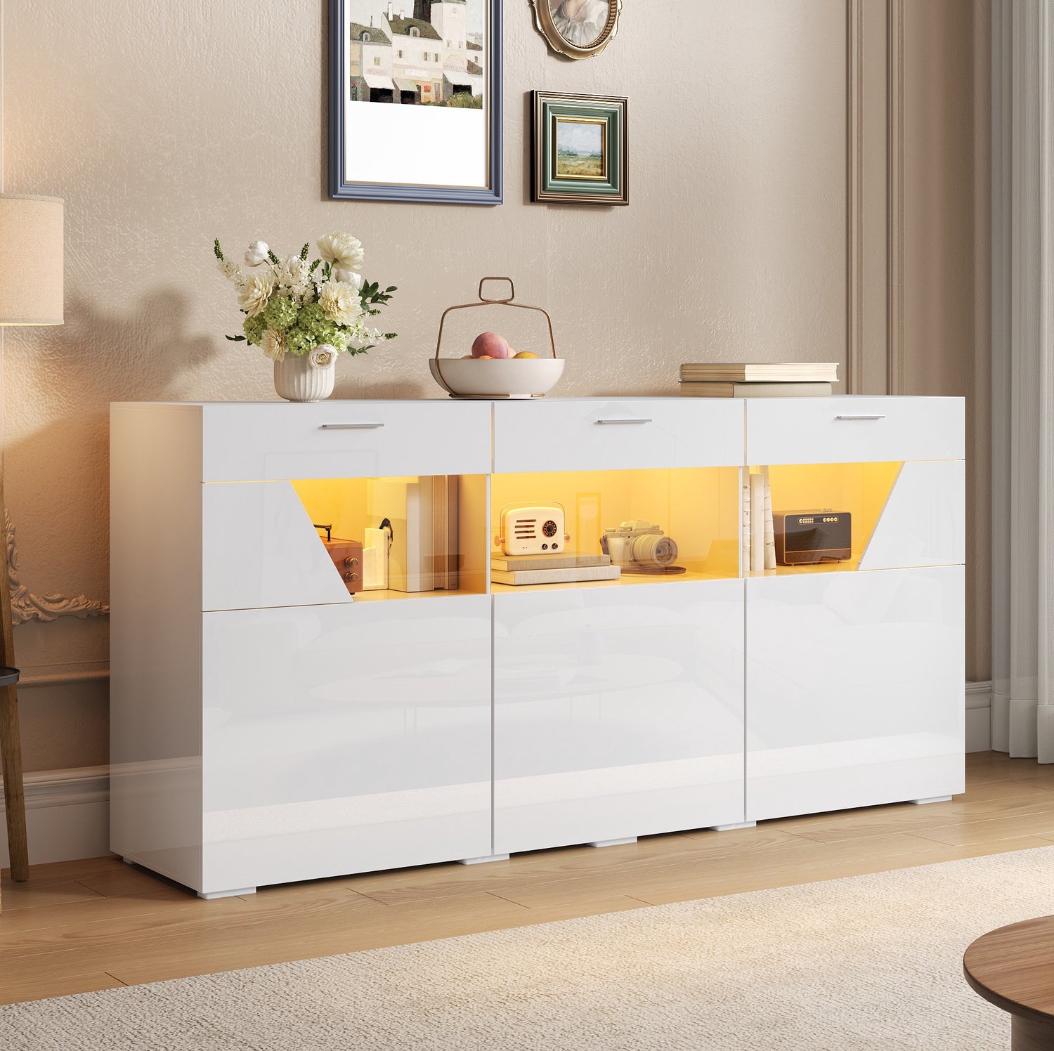 MODFU Dressoir - 3 Deuren - LED-Verlichting - Glasfront - Hoogglans - Wit - 160 Cm