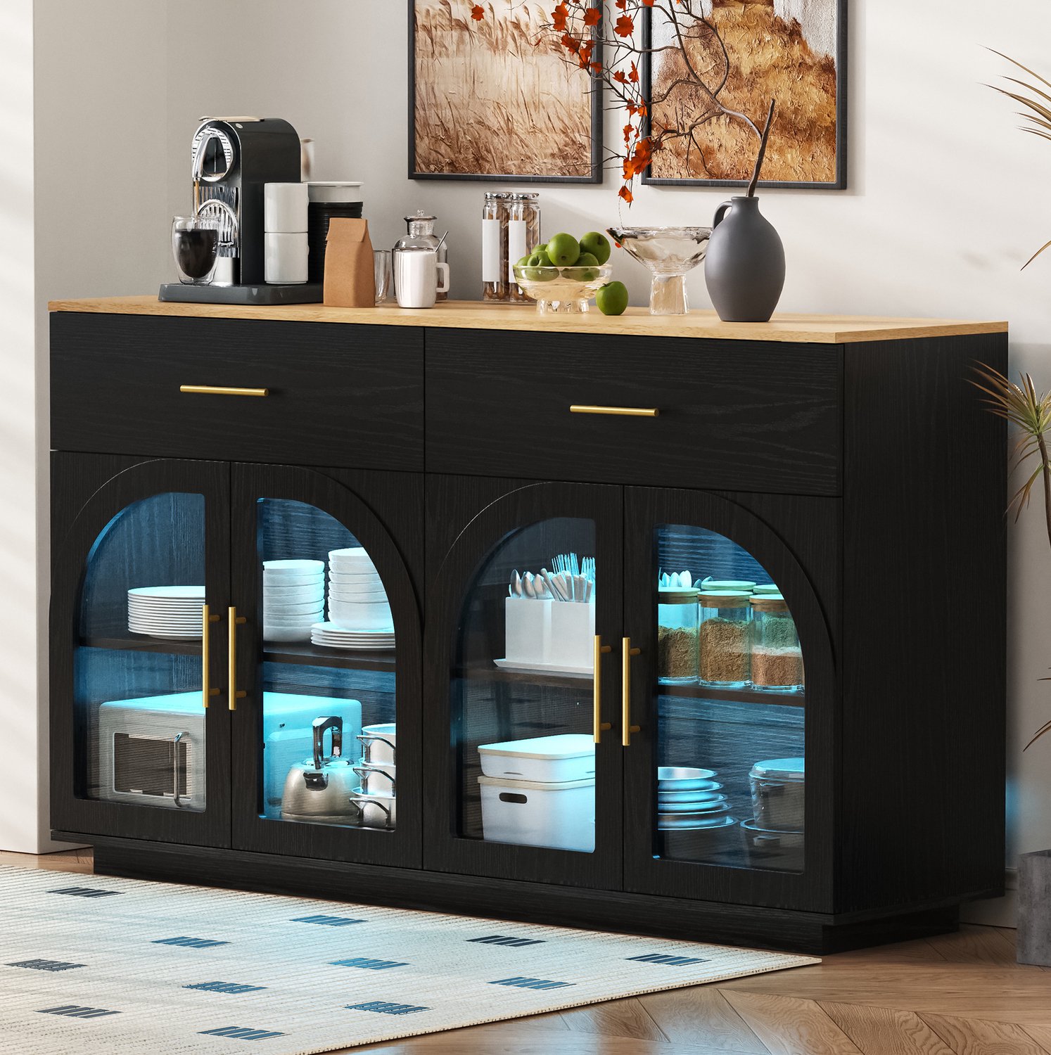 OKWISH Keukenkast – Met Ledverlichting En Werkblad – 2 Laden En 4 Deuren – Voor Keuken En Eetkamer – MDF Zwart En Naturel – 147 x 40 x 86 cm