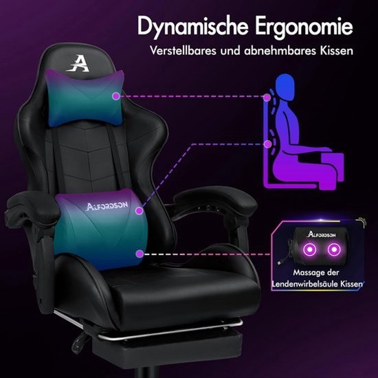 Gamingstoel - Bureaustoel en relaxfauteuil - Comfortabel zitten - 8-puntsmassagefunctie - 180 kg draagvermogen - Zwart — afbeelding 3