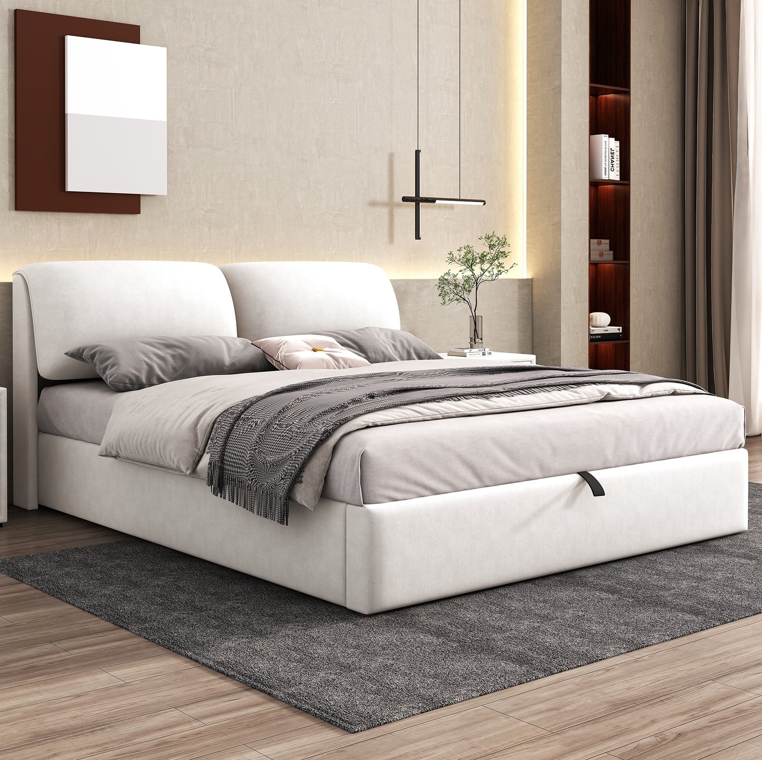 WUVRIE Gestoffeerd bed 180x200 cm - Hydraulische opbergruimte en 3 lades - Beige