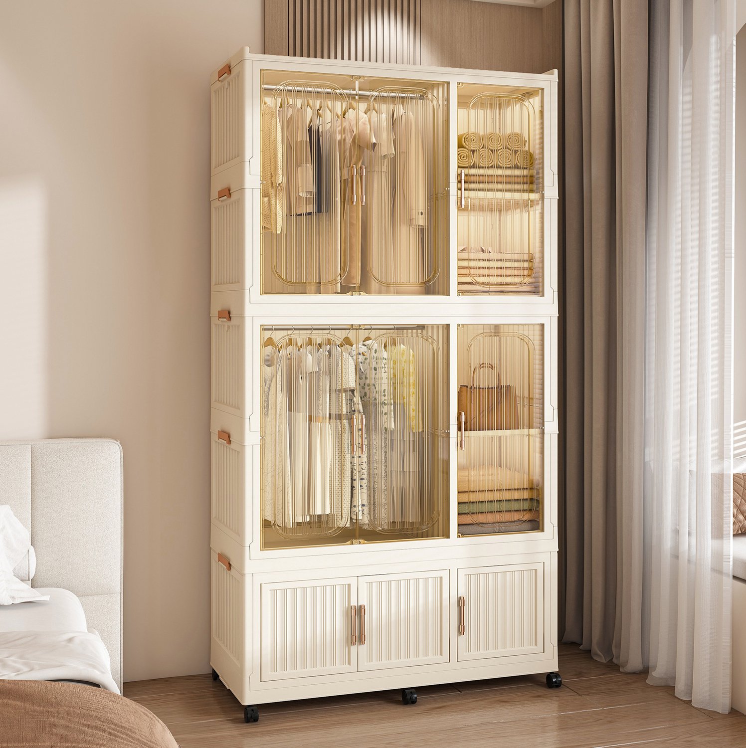 MIVRAY Kledingkast - Opvouwbaar Met 9 Magnetische Deuren En Wielen - Voor Slaapkamer Of Studentenkamer - Polypropyleen - 92x45x196 Cm - Crèmewit