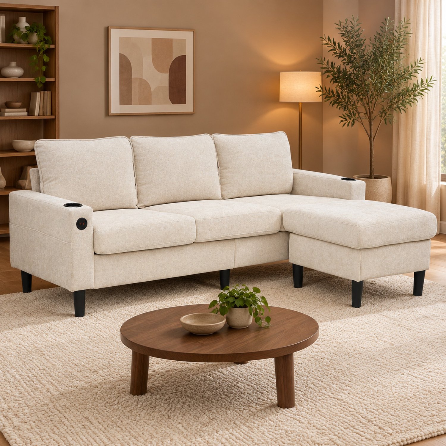 WUVRIE Hoekbank 202x137 cm - 3-zits met losse voetenbank, USB en Type-C - Beige