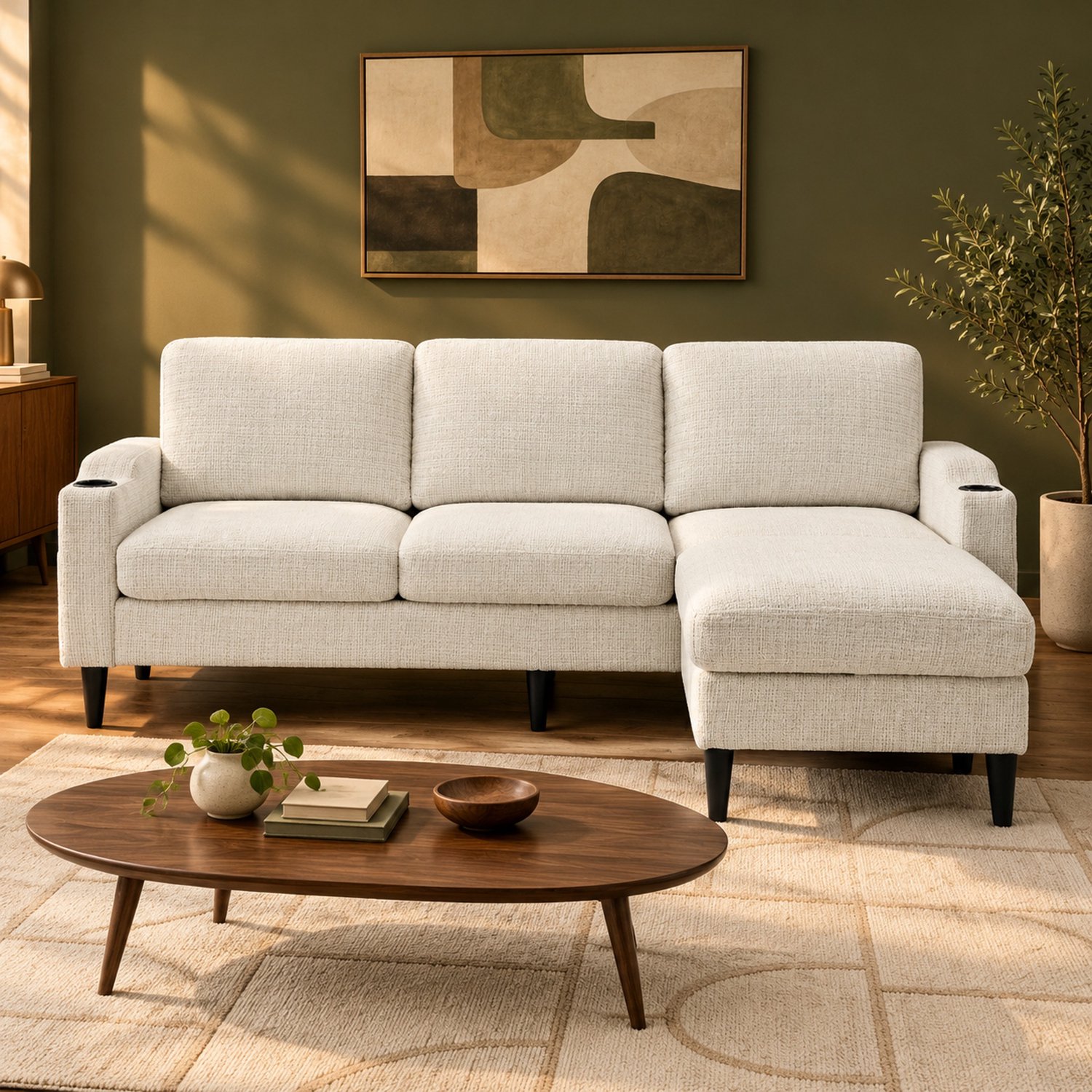 WUVRIE Hoekbank voor 4 personen - Met hocker, opbergruimte en bekerhouders - Beige