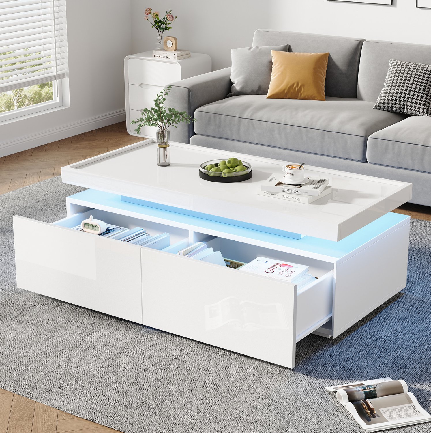 Maisentiel Salontafel 95 x 45 x 35 cm met LED, 2 lades en hoogglans blad - wit