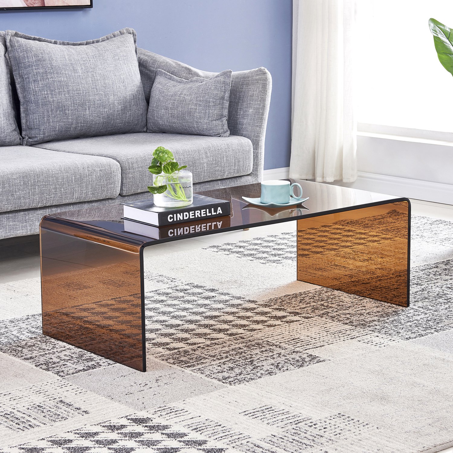 STILVORA Salontafel - Gebogen Gehard Glas Met Transparante Bruine Afwerking - Rechthoekig Voor Woonkamer, Keuken En Horeca - 100 X 50 X 35 Cm