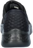 Achterkant van een zwarte Skechers instapper met gestructureerd hielstuk.