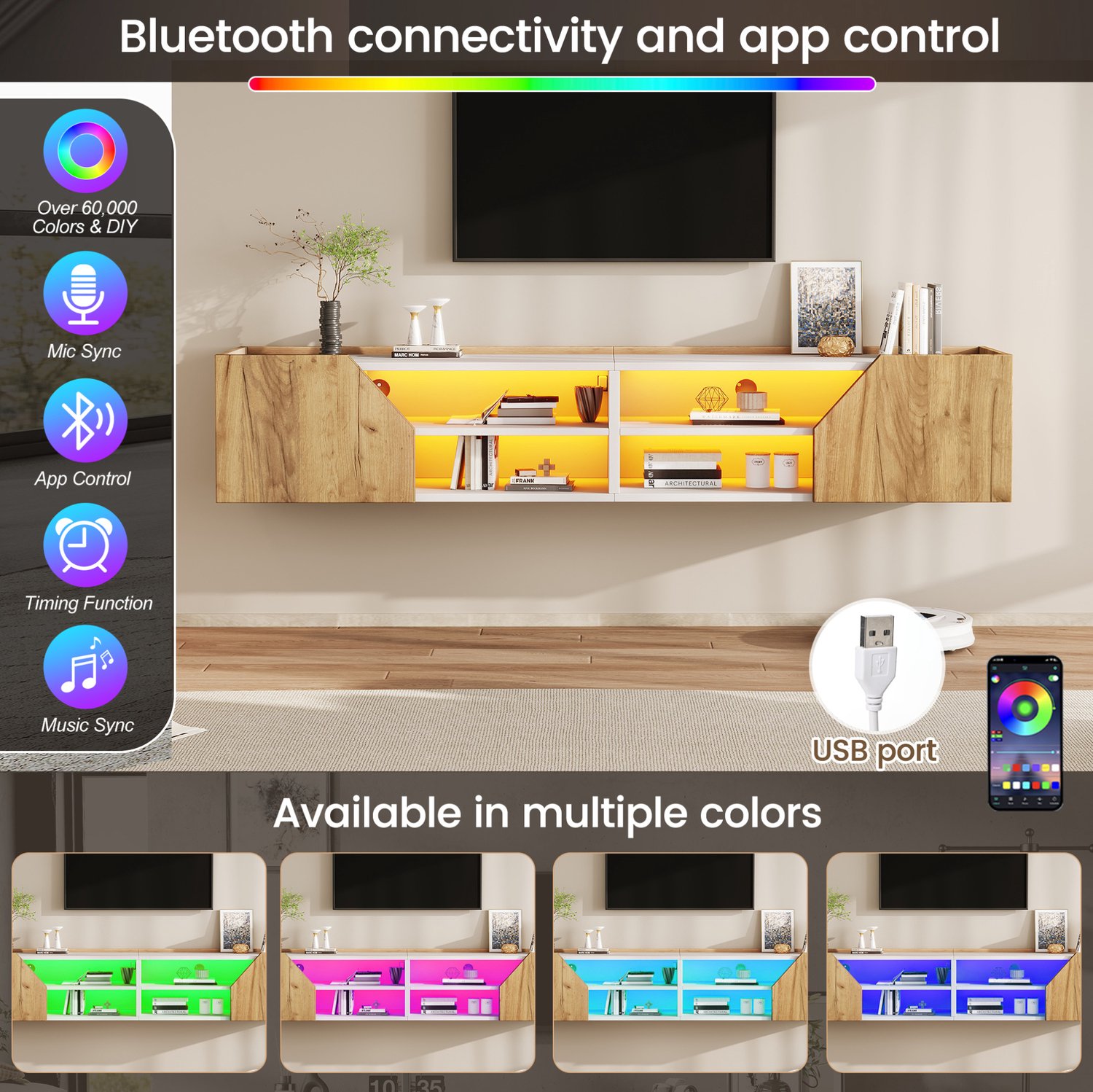COVREO Tv-meubel met 6 vakken – 180x36,5x40 cm – Hangend televisieboard met RGB-led – voor schermen tot 75 inch – Wit en houtlook