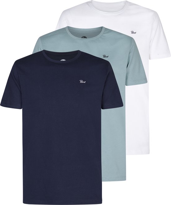 Multipack van drie katoenen T-shirts in wit, lichtblauw en donkerblauw met Petrol logo op de borst.