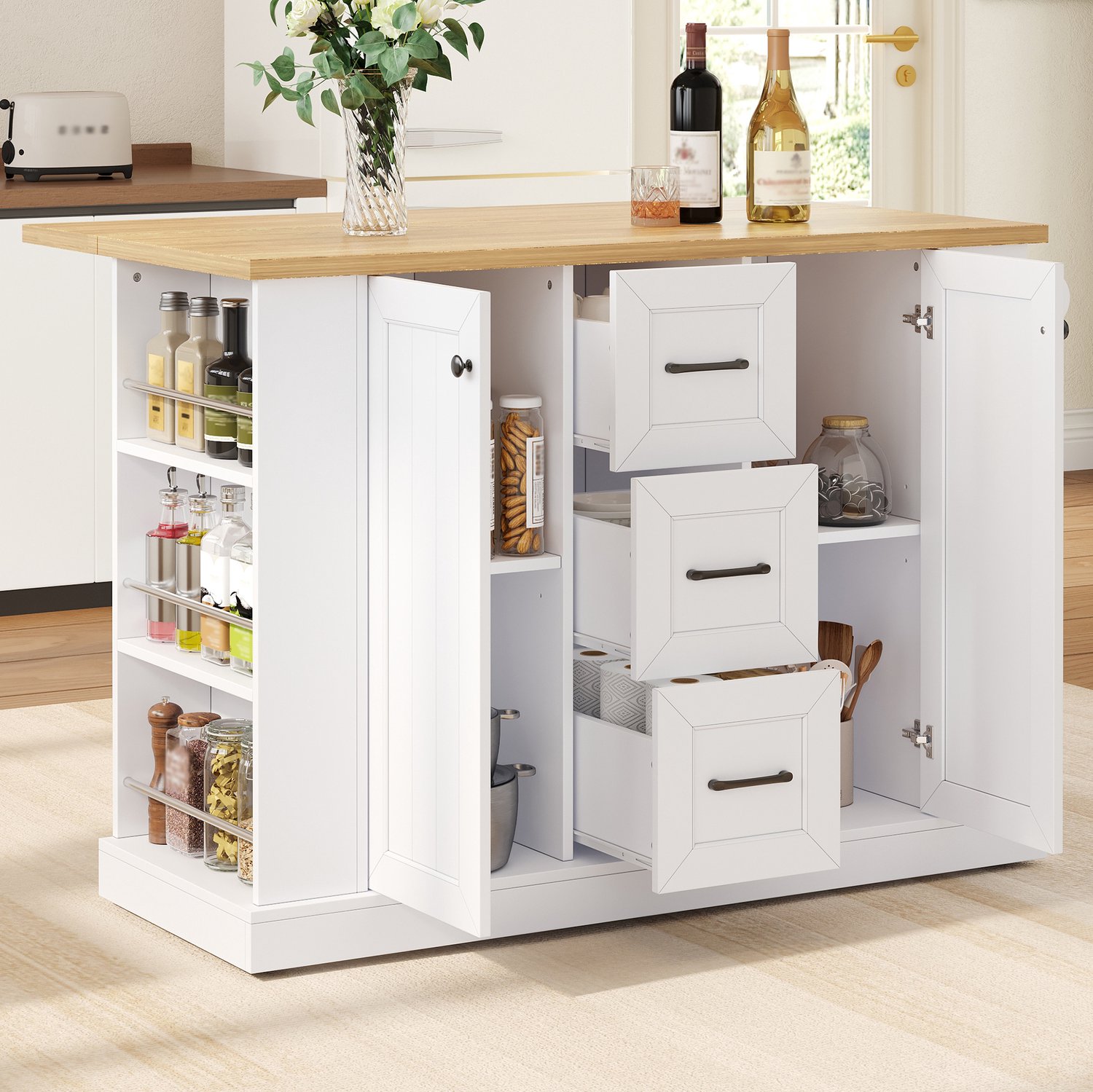 MIVRAY Keukeneiland Met Opklapbaar Werkblad, Drie Lades En Vergrendelbare Wielen, Voor Keuken Of Eethoek, MDF, Wit, 120 X 70 X 90 Cm