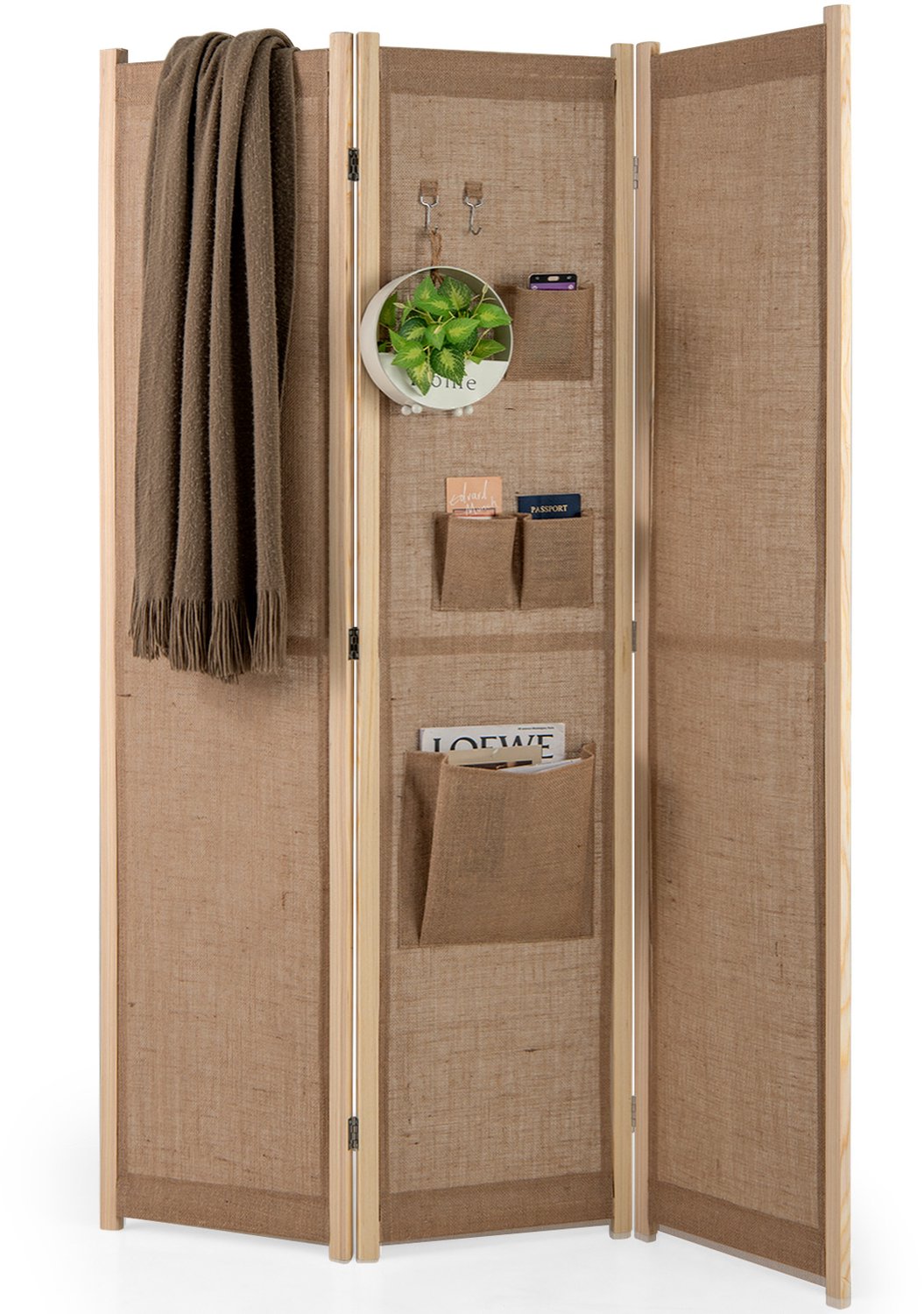 Costway Paravent 170 x 121 cm, ruimteverdeler met 2 haken, 1 grote en 3 kleine opbergvakken, 3-delige scheidingswand, inklapbaar, linnenlook, houten frame, inkijkbescherming voor binnen Beige