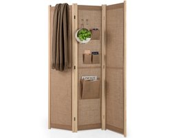 COSTWAY Paravent 170 x 121 cm, ruimteverdeler met 2 haken, 1 grote en 3 kleine opbergvakken, 3-delige scheidingswand, inklapbaar, linnenlook, houten frame, inkijkbescherming voor binnen