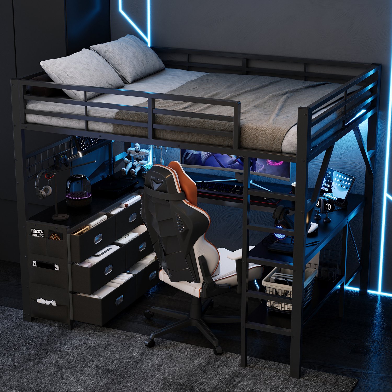 Metalen hoogslaper voor gaming (140 x 200 cm) met lades, Kinderbed, Tweepersoonsbed, bureau, opbergvak en LED-verlichting, Zwart