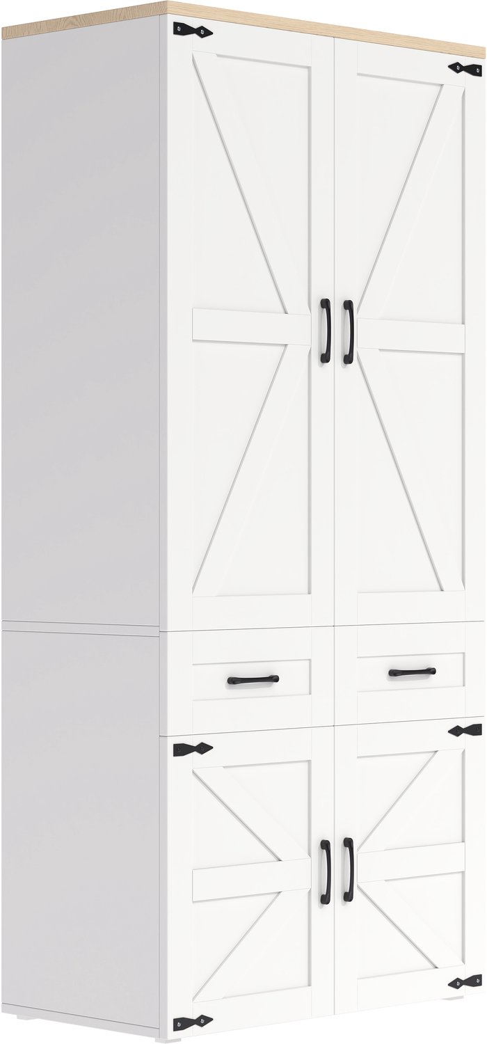 Kledingkast met 4 draaideuren en 5 lades - 90 x 50 x 200 cm - Met twee kledingroedes - Wit MDF in landelijke stijl voor de slaapkamer