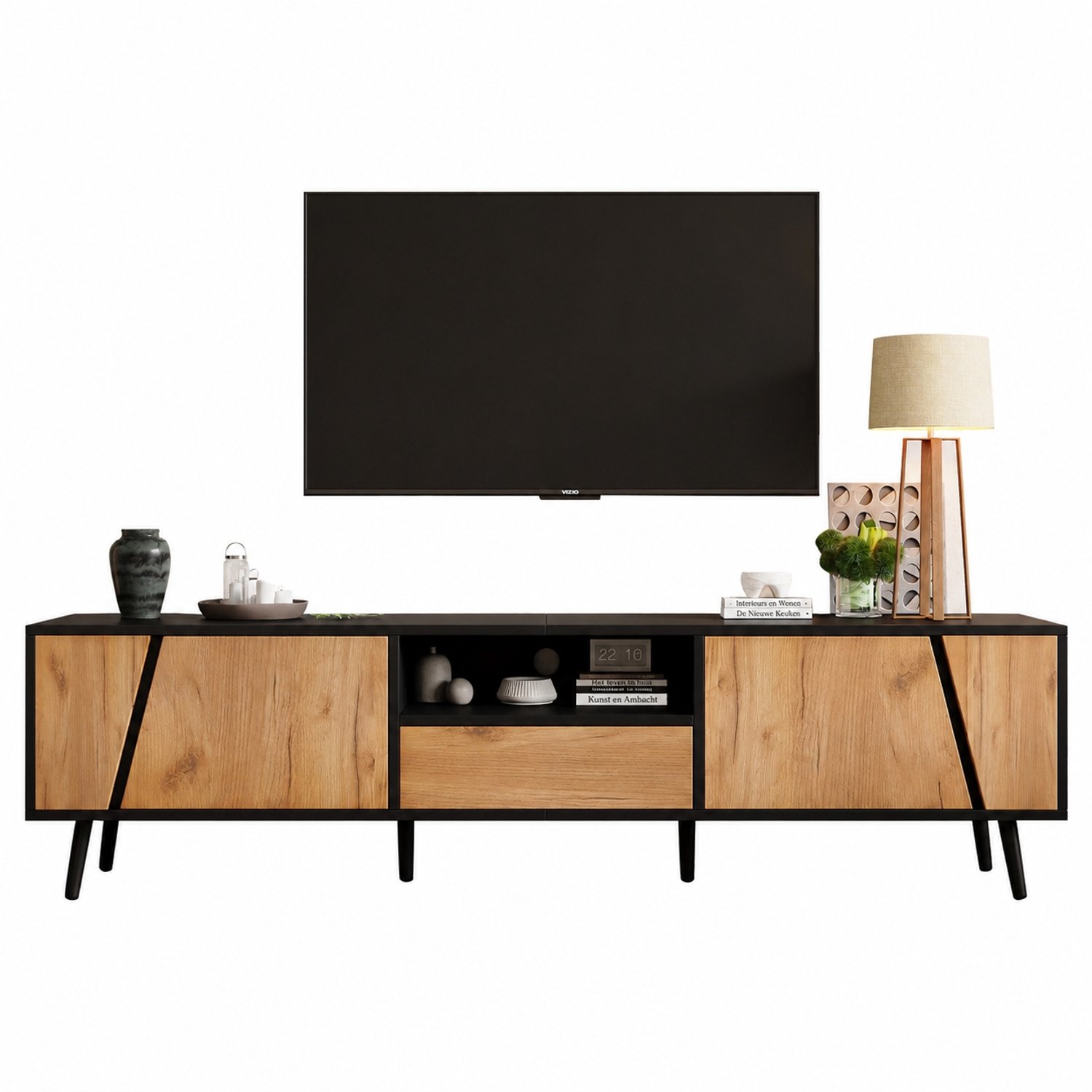 Welltin Tv-meubel - 2 Deuren en 1 Lade met Push-to-open - 6 Massief Houten Poten - Voor Tv tot 75 Inch - 180 x 40 x 46 cm - Zwart en Houtkleur