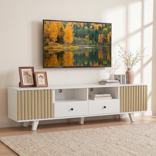Nordic Elegance TV-Meubel Lowboard voor Televisies tot 80 Inch – Luxe Dressoir met 2 Lades, 2 Deuren, 2 Open Vakken en Verstelbare Plank – Stijlvol Kabelbeheersysteem – Wit & Natuurlijk Hout (180 x 40 x 50 cm) — afbeelding 4