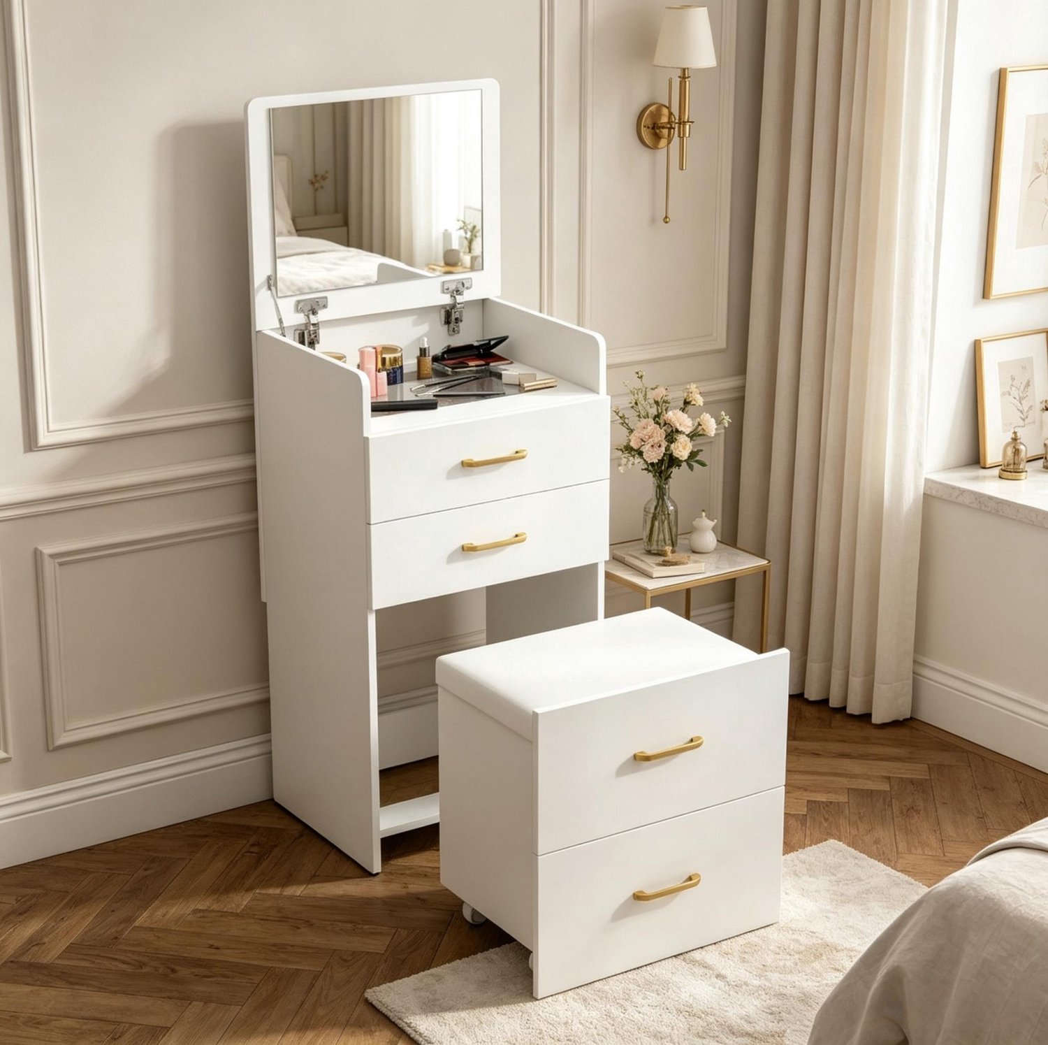 MIVRAY Kaptafel - Opklapbare Spiegel Met Glazen Blad En Drie Laden - Voor Slaapkamer En Verzorgingsruimte - Wit MDF - 48x40x90 Cm