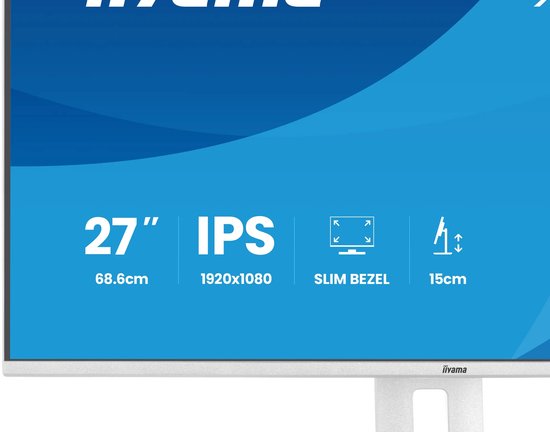 Monitor met 27-inch IPS-scherm, 1920x1080 resolutie, slanke rand en 15cm verstelbare standaard.