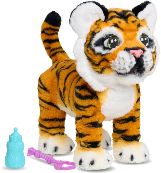 FurReal pluche tijger met oranje vacht en zwarte strepen, inclusief een blauw flesje en paars speeltje.