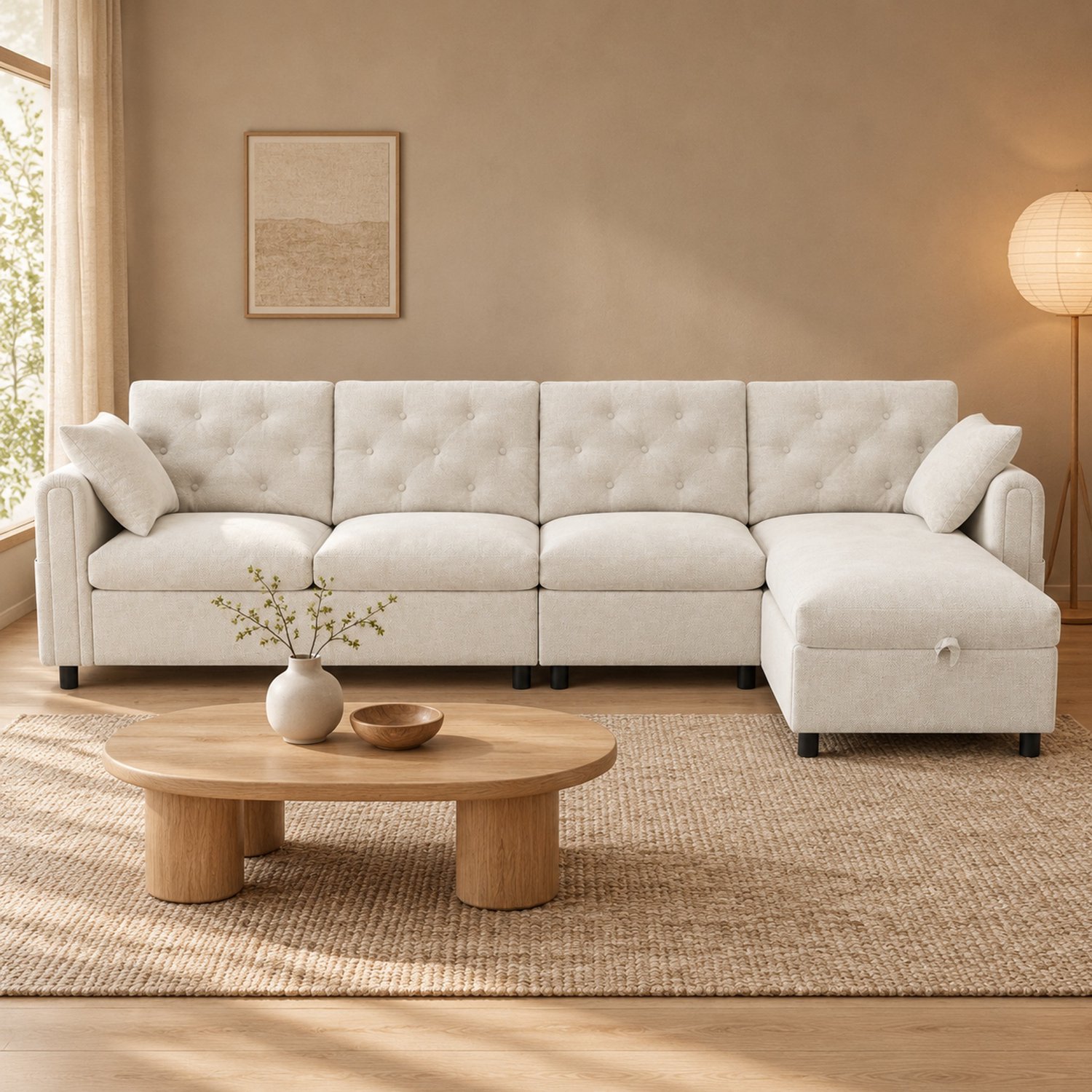 WUVRIE Hoekbank 281x132 cm - Slaapfunctie, opbergruimte en omkeerbare hoek - Beige