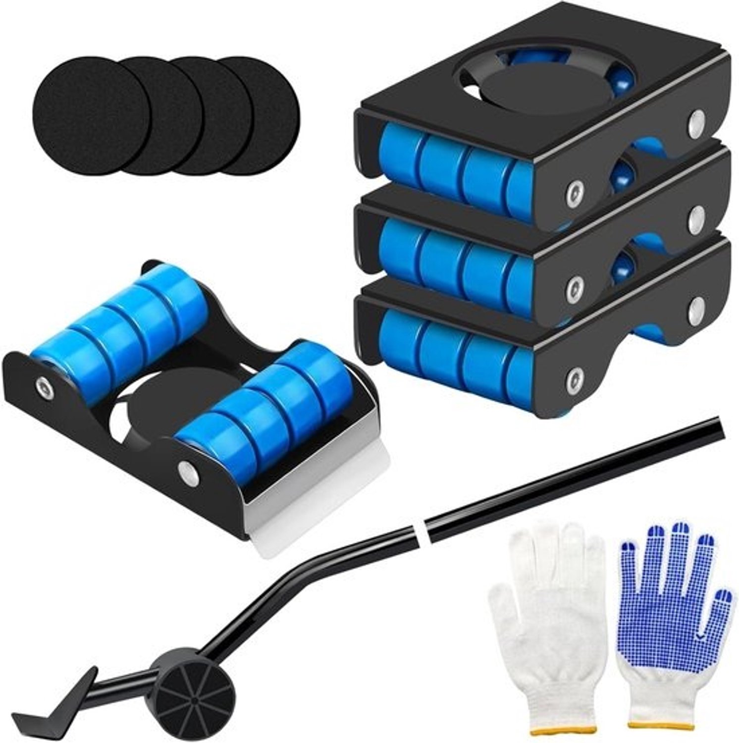 Furniture Transport Rollers Set - Improved 11 Pcs Brake Furniture Lifter with 4 Sliders, Lever and Gloves - Device Mover for Sofa, Refrigerator, Washing Machine - Load Capacity 350 kg