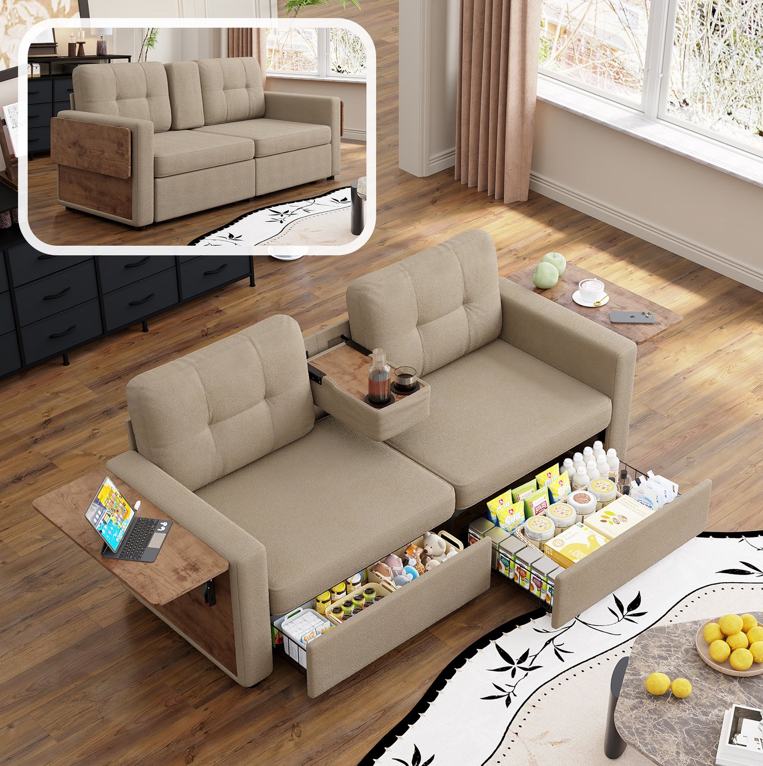 FloraGrace Slaapbank 178 Cm - 2-Zits Met Opbergladen, Laptoptafel En Bekerhouders - Woonkamer - Chenille - Khaki