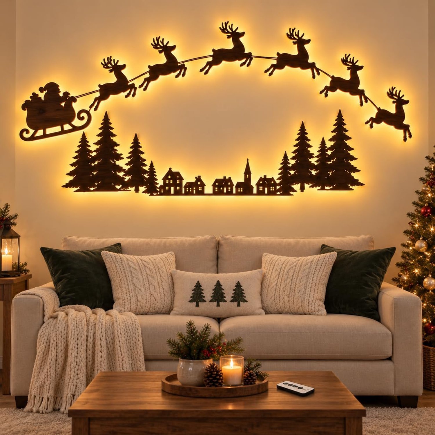 Kerstversiering - 3D Lichtgevende Houten Rendier Kerstdecoratie - Met 10 LED-lampjes en Afstandsbediening - Warme Verlichting - Zelfklevend - Voor Woonkamer, Slaapkamer en Hal