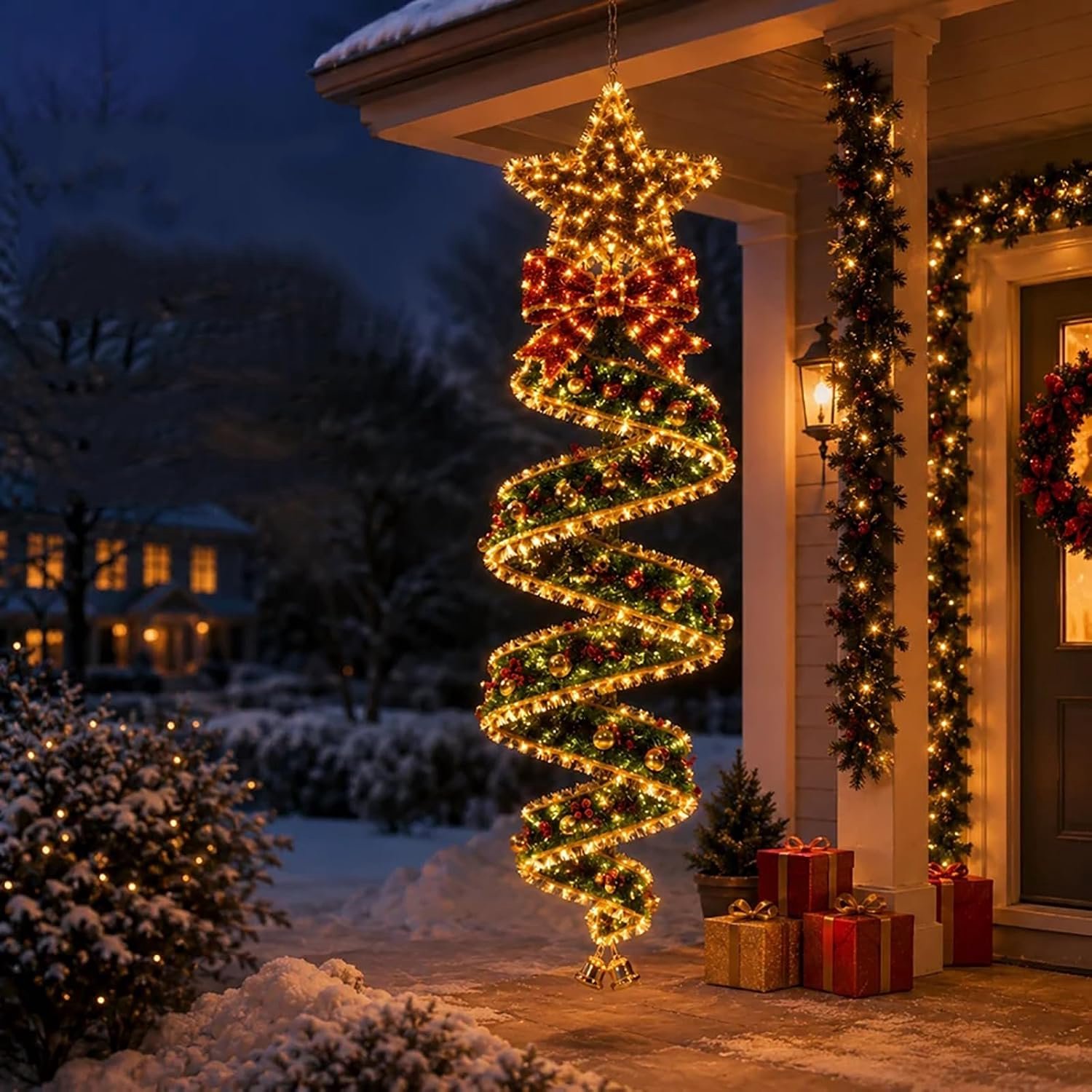 Kerstversiering - Christmas Magic Spiral Hangende LED Verlichting - Kerstdecoratie met Spiraalverlichting voor Voordeur, Entree en Buiten - Warm Wit - 1 stuk - Stijl C