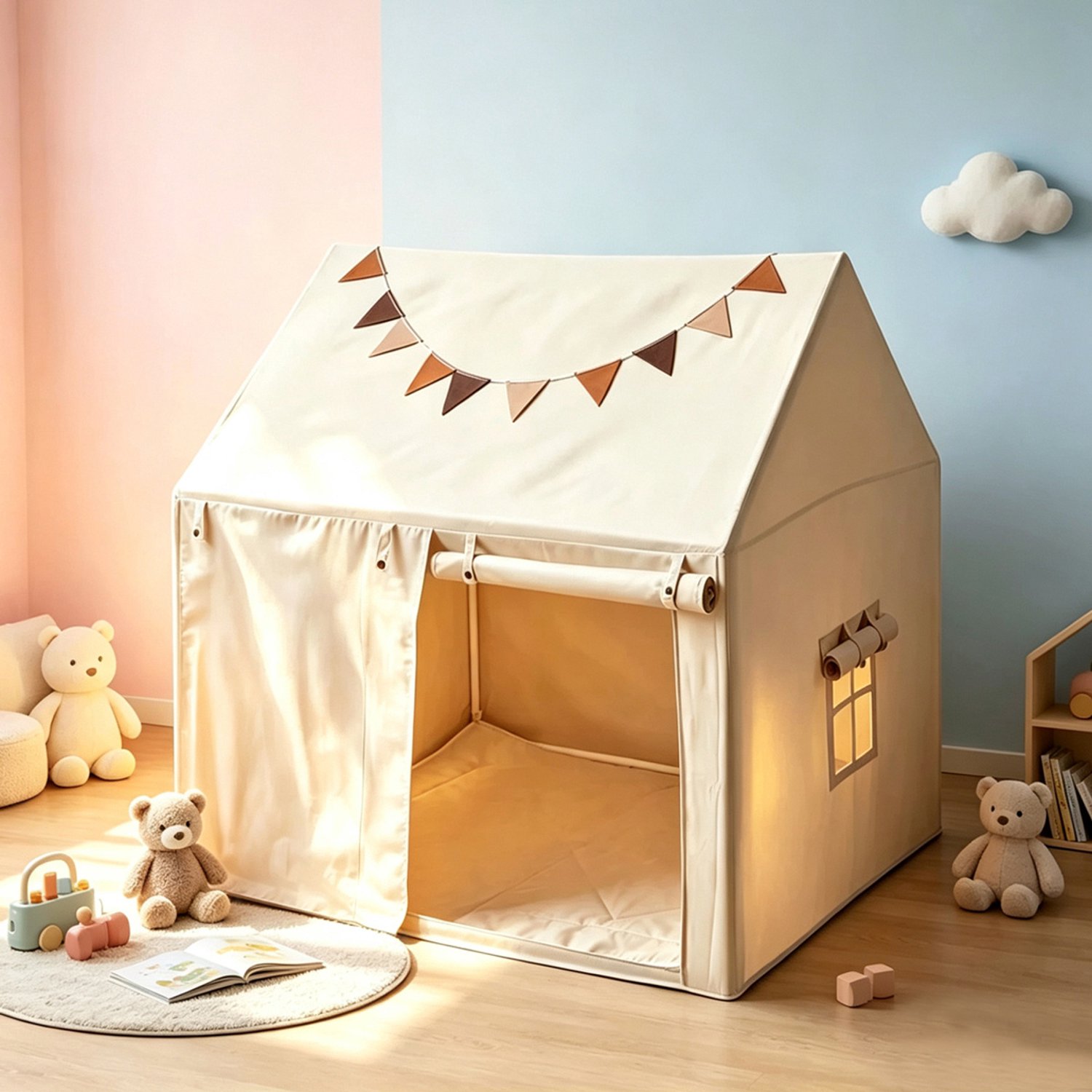 Speeltent voor Kinderen - Speelhuis - Buiten en Binnen - met Kleurrijke Ballen Lichtsnoer, Vlaggetjes & Wolken Decoraties - Kindertent met Deurgordijn en Ramen - 120 x 100 x 130 cm - Beige