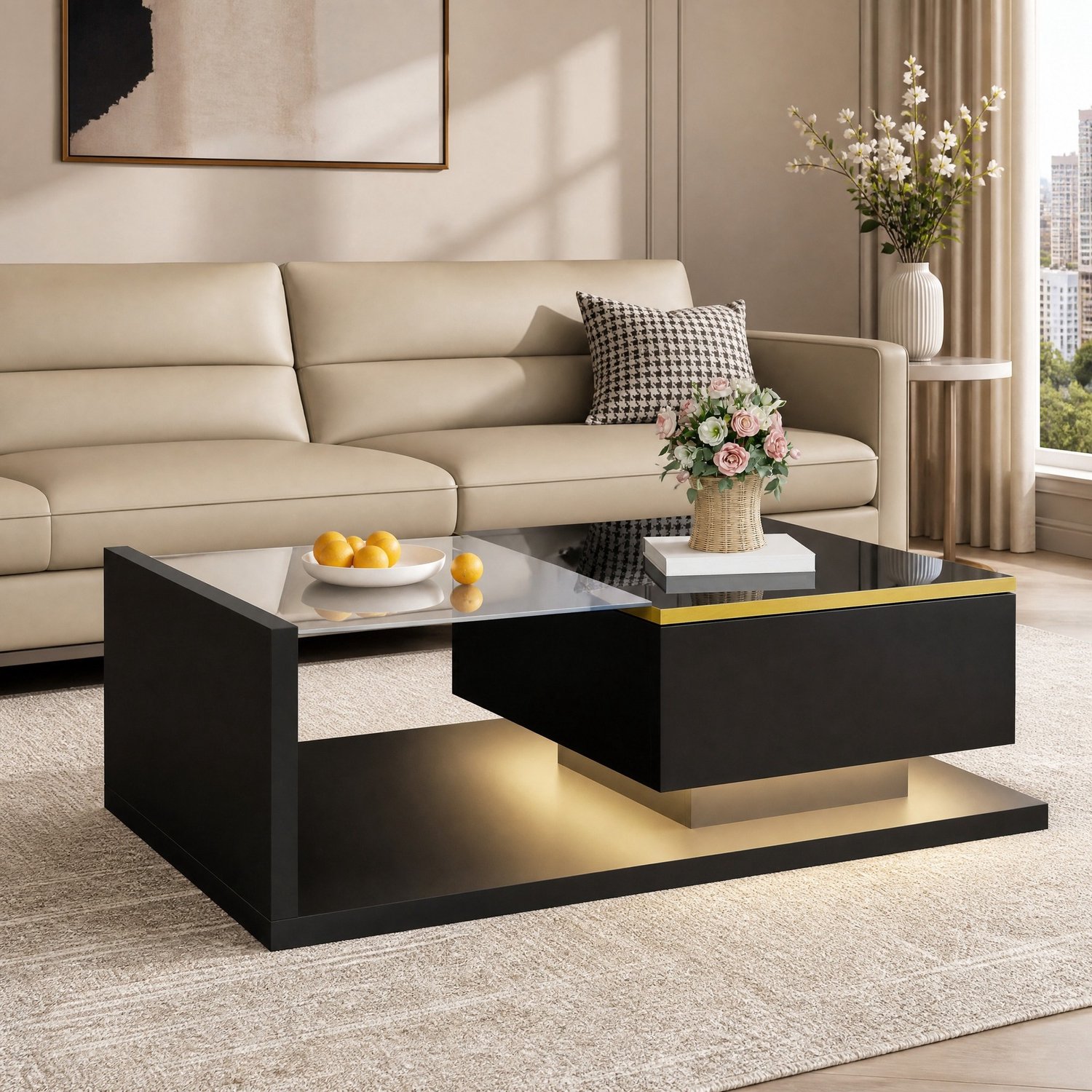 Maisentiel Salontafel 90 x 50 cm met glas en 16-kleuren LED – hoogglans zwart